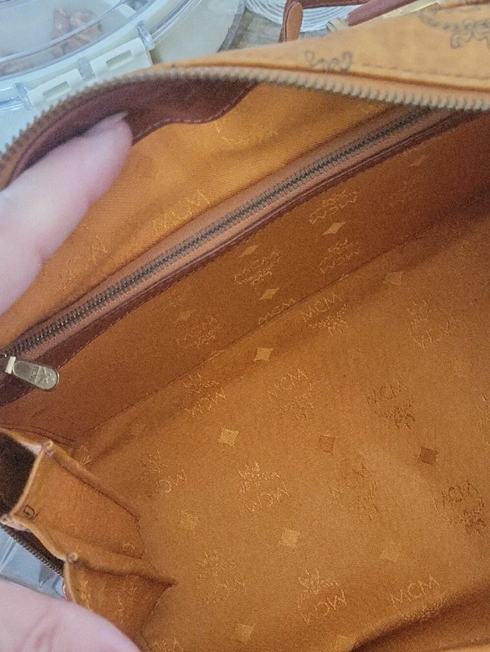 MCM Cognac Visetos Boston Satchel with Brown Accents